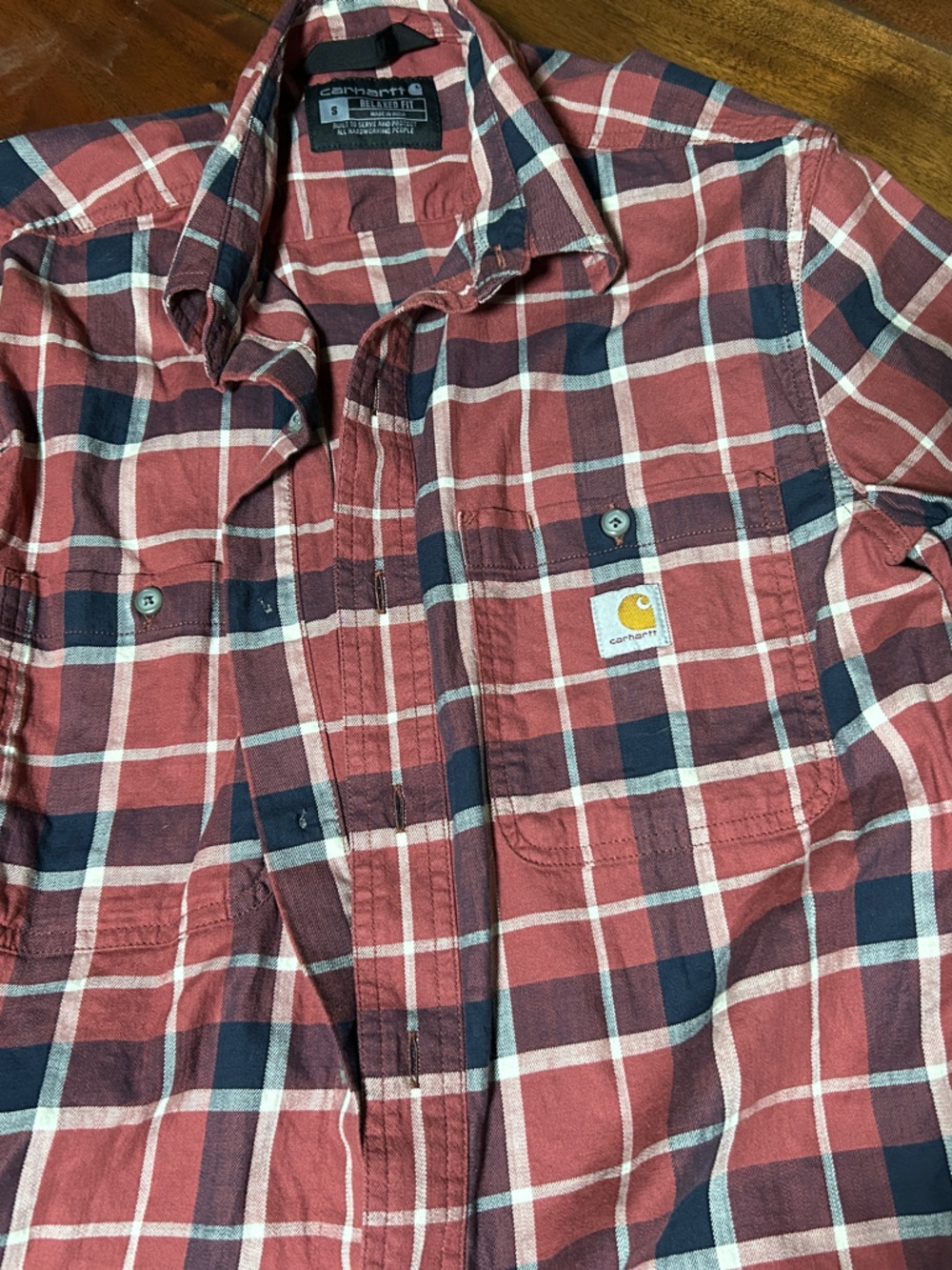 Carhartt Men’s Rust Red and Navy Plaid Button-Down Shirt